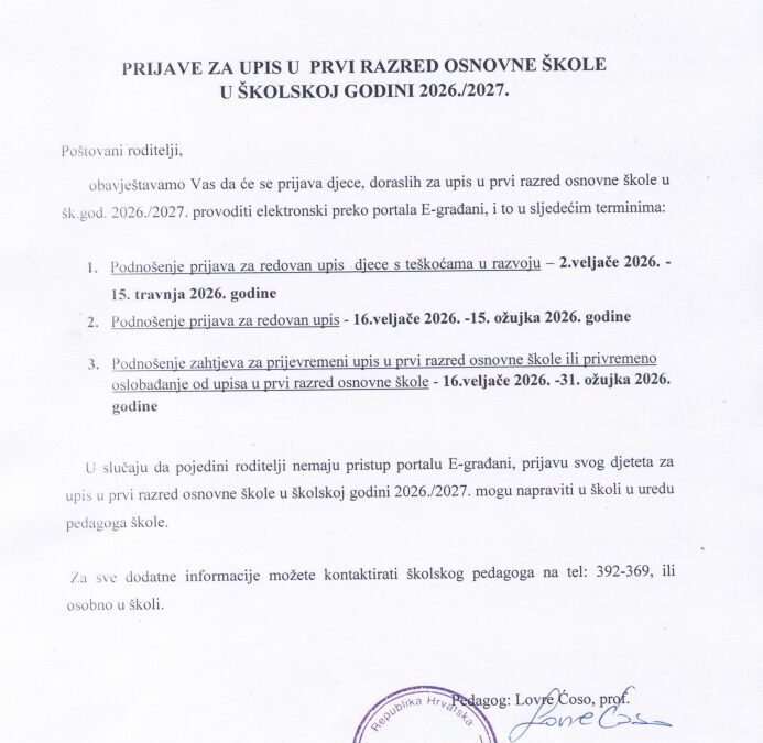 PRIJAVA ZA UPIS U PRVI RAZRED OŠ GALOVAC U ŠKOLSKOJ GODINI 2026.-2027